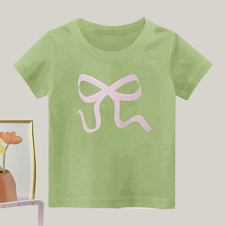 BLTIBY Girls Boys Summer Short Sleeve Top Child Kids Round Neck Bow Printed Cotton Shirts Toddler Infant Fashion Casual Loose Pullover Blouse Yellow 3-4 Years