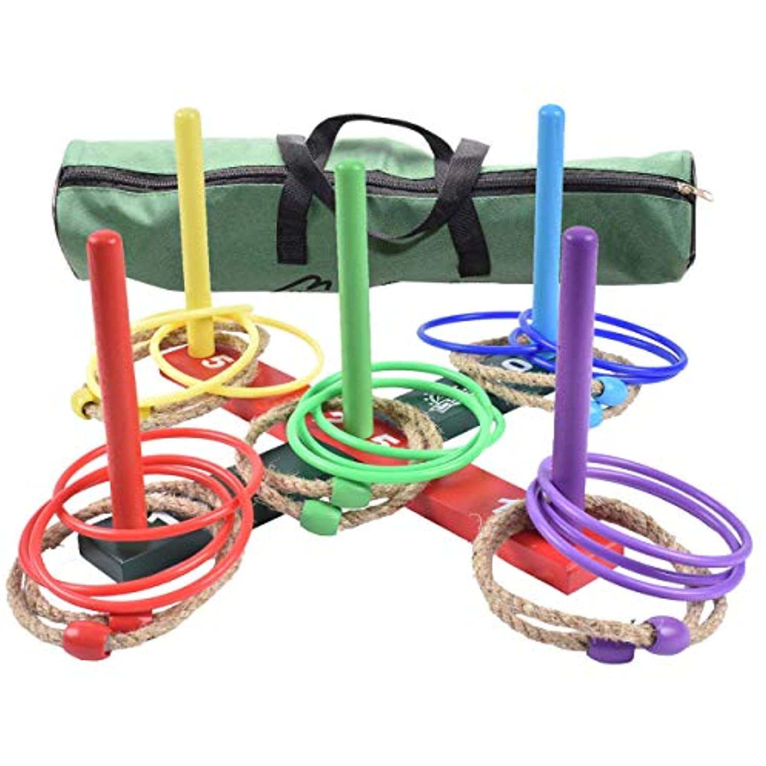 15 Ropes & Plastic Rings Lawn Fun for Kids Durable Wooden Hook Toys Ring Toss Game Set with Carrying Bag 