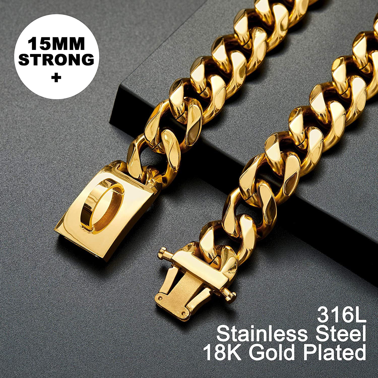 BMusdog Gold Dog Chain Collar Metal Chain with Design Secure Buckle 18K Miami Cuban Link Chain 15MM Strong Heavy Duty Chew Proof Walking Collar for Small Medium Large Dogs 