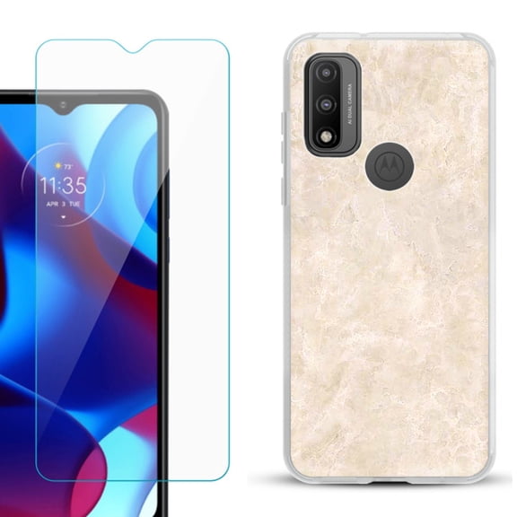 Slim-Fit Gel TPU Phone Case for Motorola Moto G Pure, with Tempered Glass Screen Protector, by OneToughShield ® - Marble / Latte