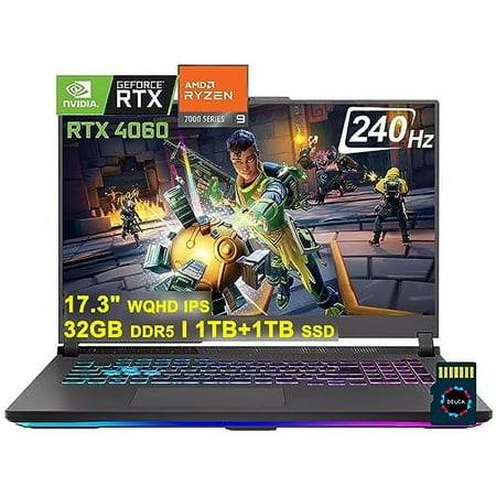 ASUS ROG Strix G17 G713 Gaming Laptop | 17.3" WQHD IPS 240Hz | AMD 12-Core Ryzen 9 7845HX >i9-12900H | 32GB DDR5 1TB+1TB SSD | GeForce RTX 4060 8GB | USB-C RGB Backlit Win11 Black + 32GB MicroSD Card