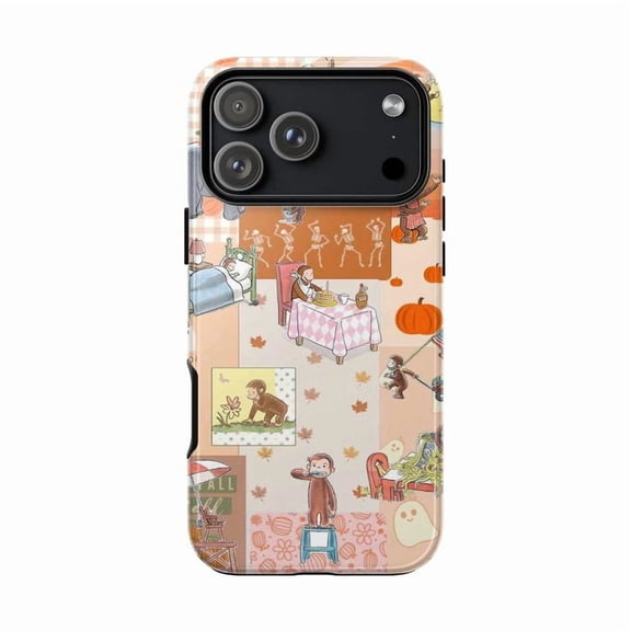 Halloween Curious Monkey and Skeleton Phone Case, Pastel Fall Collage Protective Cover for iPhone 17 16 15 14 13 12 11 Pro Plus Mini