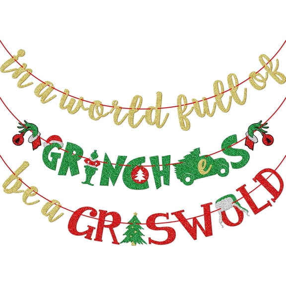 Christmas Banner, Xmas Winter Holiday Decorations, Pre-strung Christmas Party Decorations, Gold, Red and Green Glitter