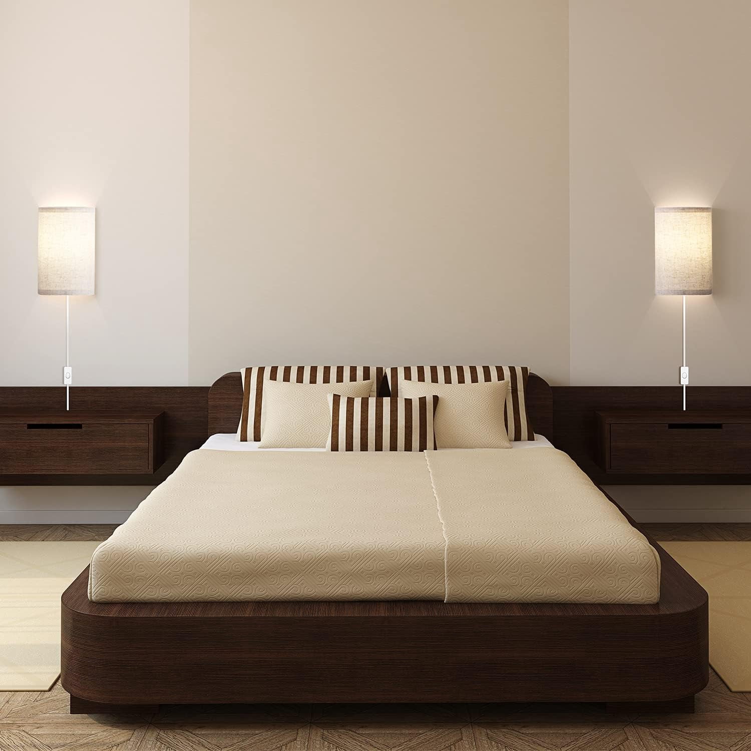 CTAnnie Wall Sconces Set of Two, Wall Lamp Plug in with On/Off Switch, 2700K 4000K 5000K Selectable, Wall Lights for Bedroom, Living Room, Wall Decor for Bedroom, Fabric Linen Lamp Shades