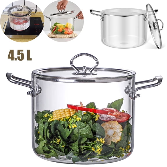 Glass Cooking Pot Simmer Pot with Lid & Handles, 4.5L / 4.77QT Heat Resistant Simmer Pot for Cooking On Ceramic Cooktop, Clear Glass Cookware