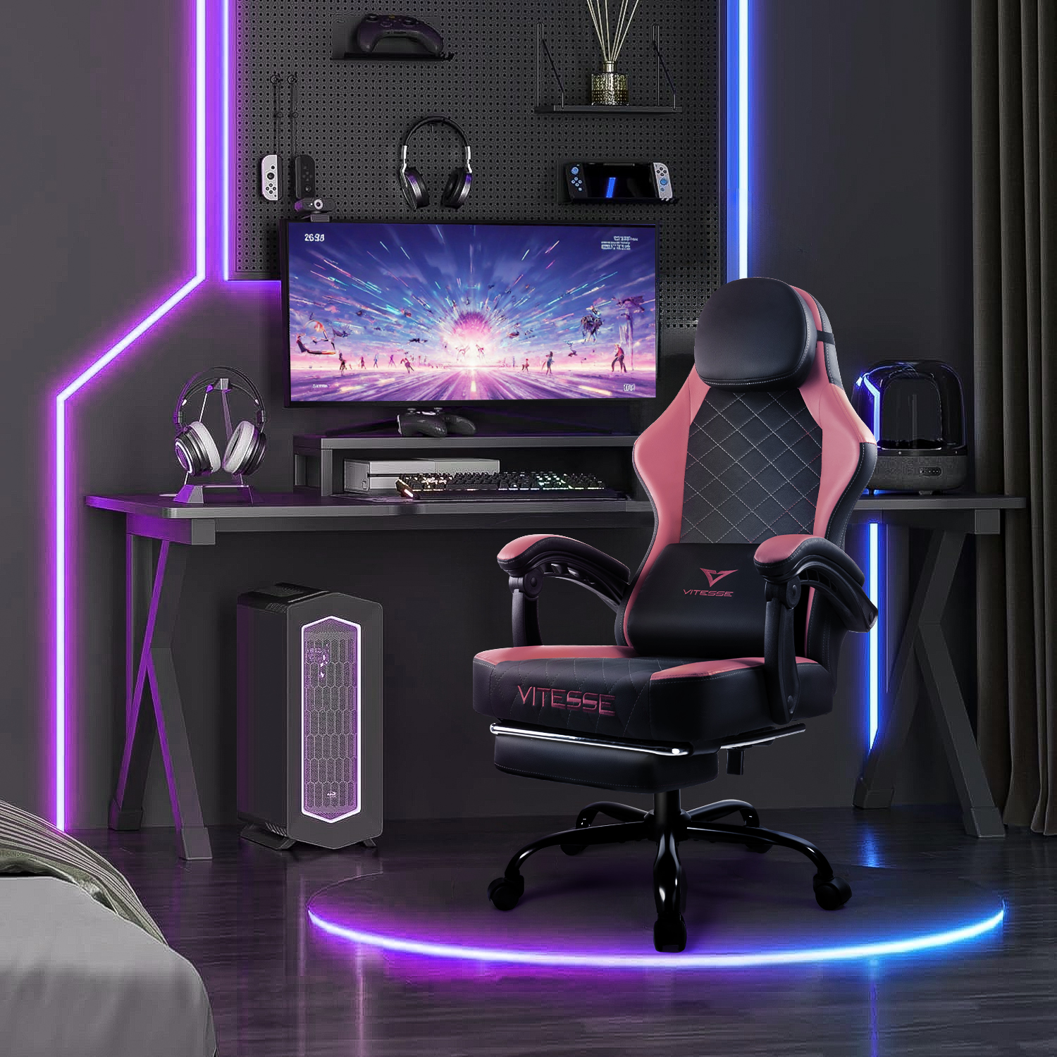 Bossin Gaming Chairs with Footrest, Massage Leather Game Chair for Adults, Big and Tall Gamer Chair with Headrest and Lumbar Support