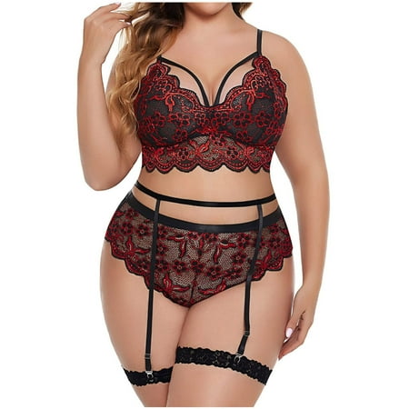 

YYDGH Women Sexy Sheer Lingerie Lace Pajamas Set High Waist Sleepwear Bra and Panty 2 Piece Nightwear with Garter Belt Wine Red XL