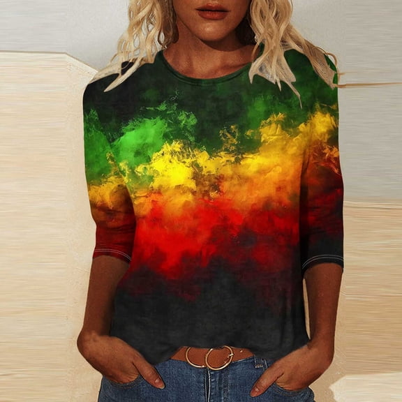 LYEAA Women Afrocentric Print Tops 3/4 Sleeve Round Neck Cotton Shirt Loose Fit Casual Cultural Celebration Black History Outfit Multicolor S