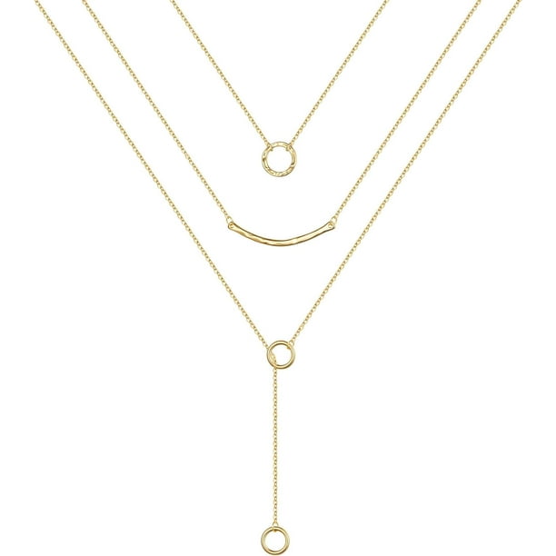 Collares en capas de oro para mujer, chapados en oro de 14 quilates, perlas de barra de revestimiento múltiple, disco, luna, mariposa, medallón, gargantilla ajustable en capas delicadas
