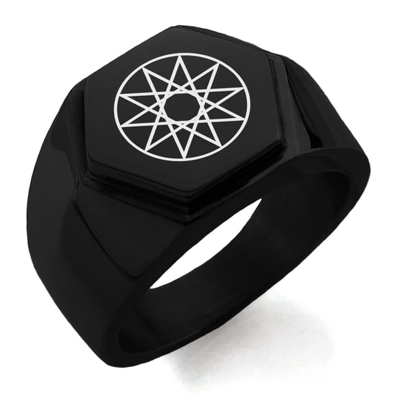 Stainless Steel Octagram Star of Wisdom Engraved Hexagon Crest Flat Top Biker Style Polished Ring