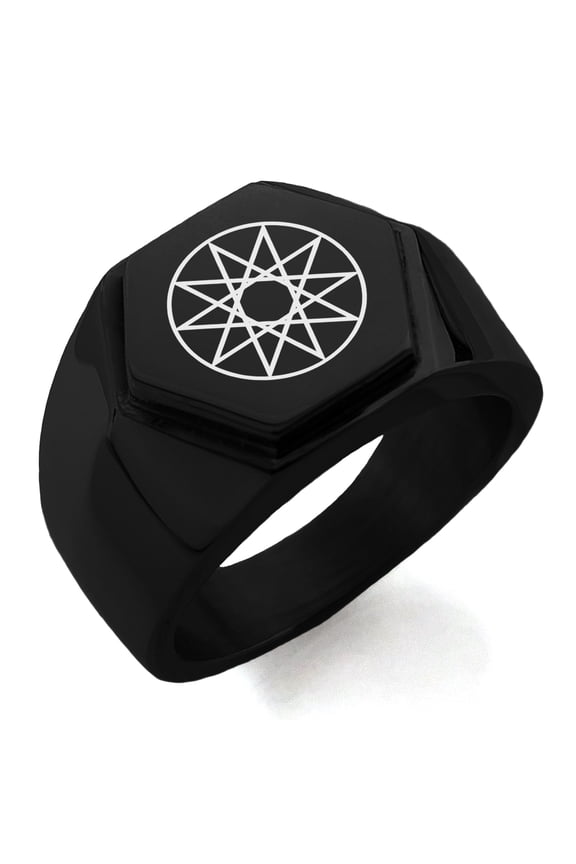 Stainless Steel Octagram Star of Wisdom Engraved Hexagon Crest Flat Top Biker Style Polished Ring