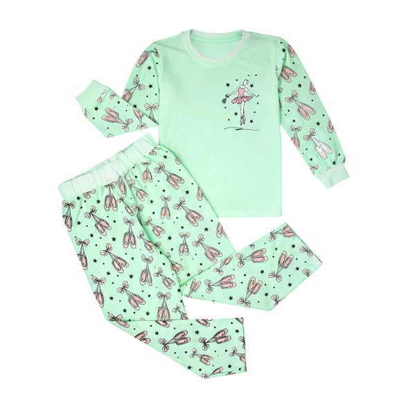 MEZZALL Girls Ballet Print O-Neck Sleep Shirts Pants Two Piece Night Leisure Home Soft Comfortable Sleep Outfit Sets Kids Long Sleeve Boho Clothing Sets