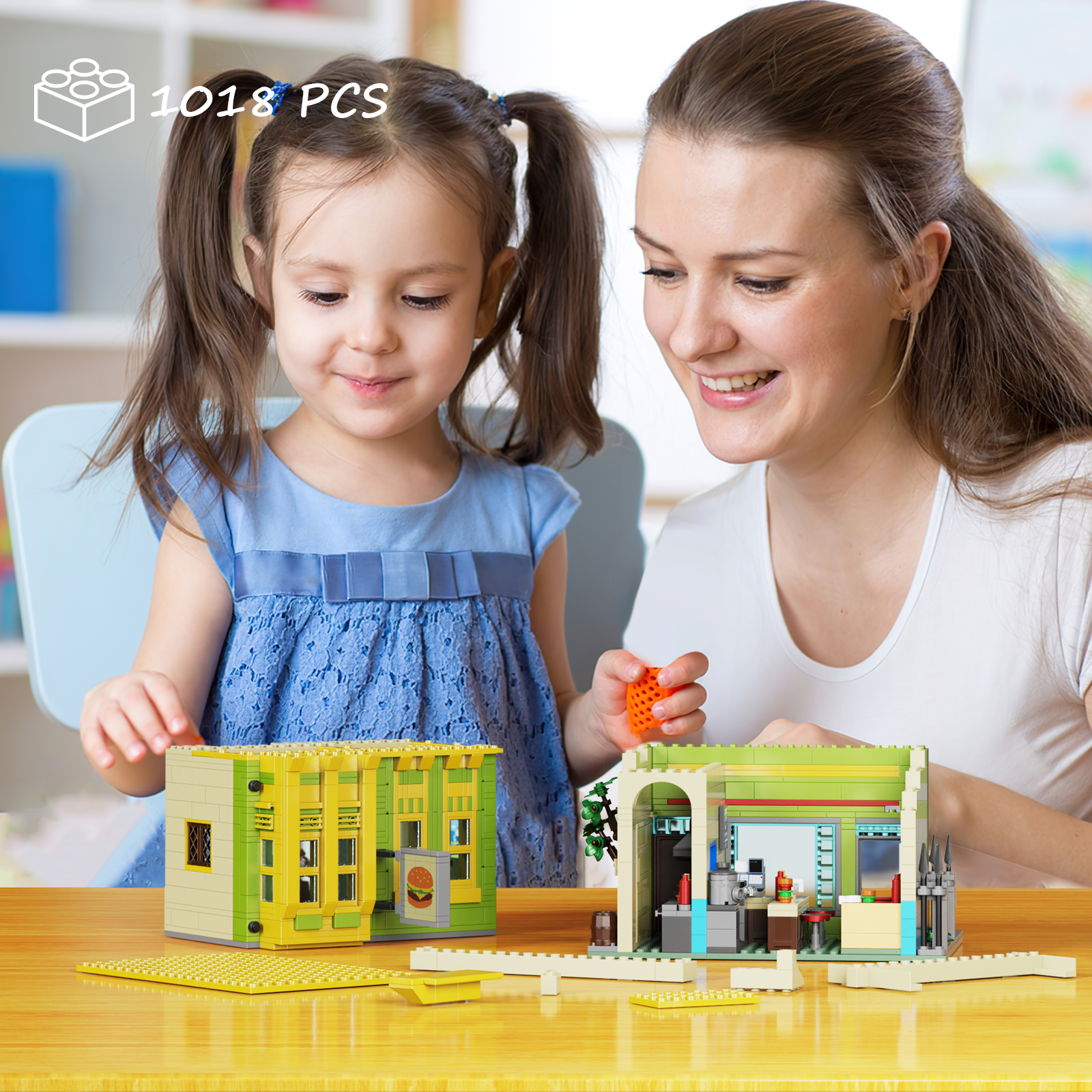Burgers Shop Building Blocks Set Bob's Shop Model Toys Cartoon Creative Modular House Gift for Kids Adults(1018Pcs)