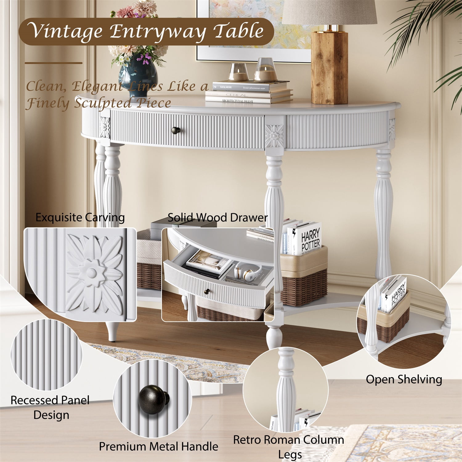 Hommoo Solid Wood Half Moon Console Table with Drawer & Open Shelf, Vintage Fluted Entryway Table for Hallway, Foyer, Living Room, Sofa Table with Roman Column Carved Legs, White