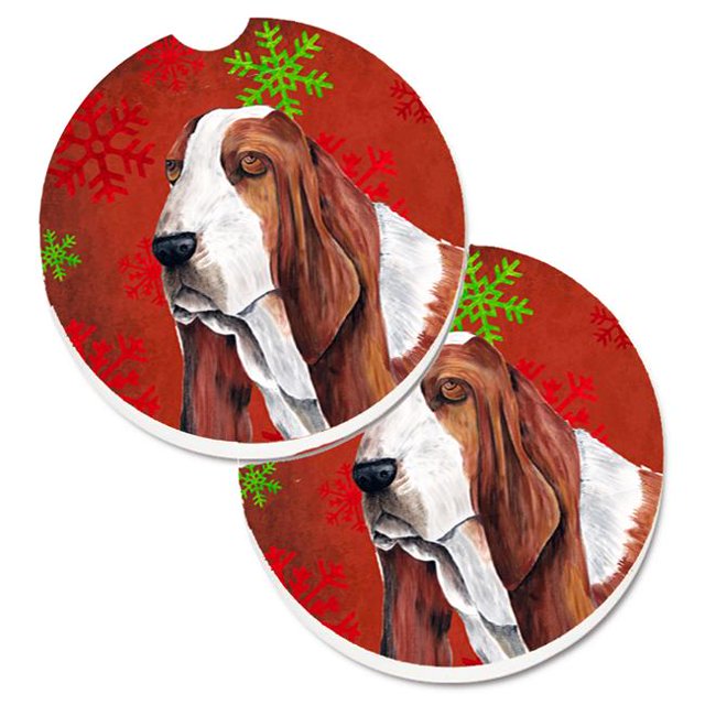 Basset Hound Flocons de Neige Rouges et Verts Ensemble de Noël de 2 Porte-Gobelets sous-Verre de Voiture
