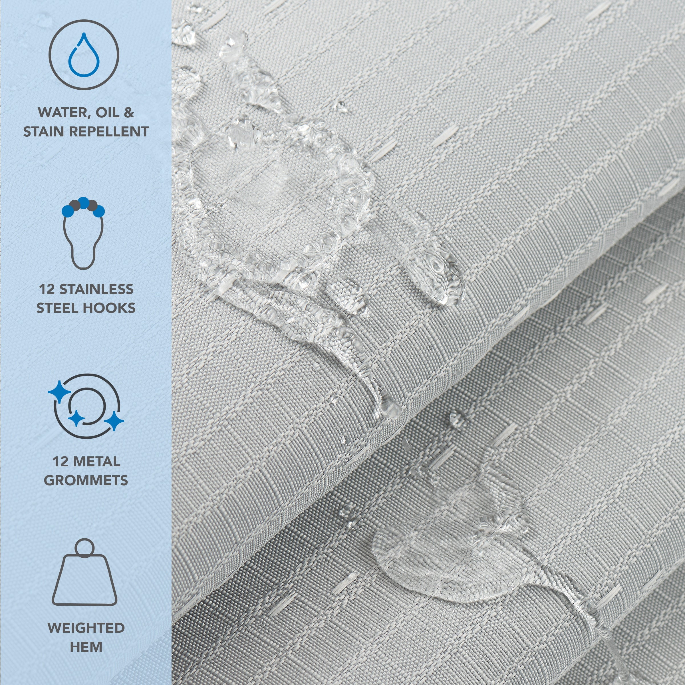 Host & Home Raindrop Stripe Shower Curtain Set, 72x72, with 12 Metal Rolling Rings, Weighted Hem, Rust-Proof Grommets, 100% Polyester Yarn, Light Grey