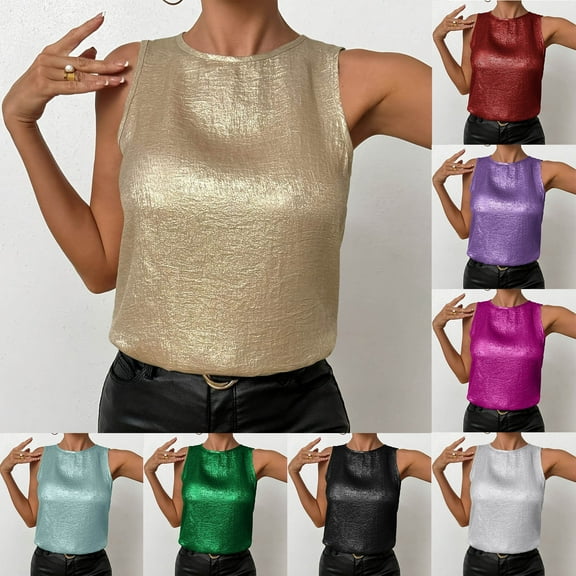 Women's Metallic Tank Top Round Neck Sleeveless Casual Summer Tops for Women