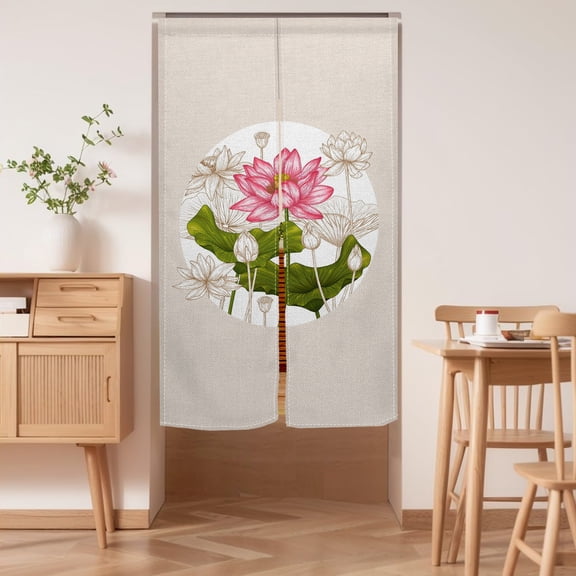 Chinese Pink Lotus Doorway Curtain,Japanese Noren Curtain Bedroom Partition Kitchen Divider Bathroom Door Decor,33.5"x59"