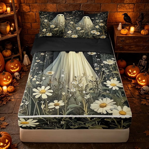 Erosebridal Boho Daisy Floral Zipper Twin Comforter Sets with Fitted Sheet and 2 Pillowcases, Cute Ghost Zipper Bedding Set for Boys Girls, Cream Dark Green, Black Reversible