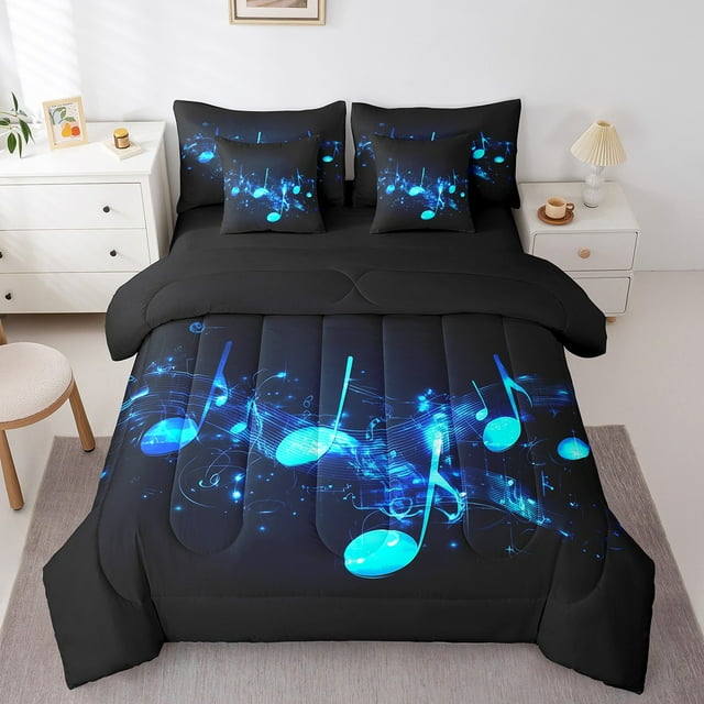 Musical Notes Bed in a Bag King Size Comforter Set 7 Pieces,Glitter Note Line Bedding Sets Pop Music Themed Sheet Set with Comforter,Fashion Hip Hop Bed Set
