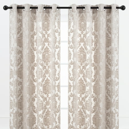 Chanasya Taupe Velvet Sheer Damask Curtains - 63 Inch Panels - Classy Elegant Textured Vintage Grommet Curtain Light Filtering Drapes for Living Room Bedroom Kitchen - Light Filtering 2 Panel Set