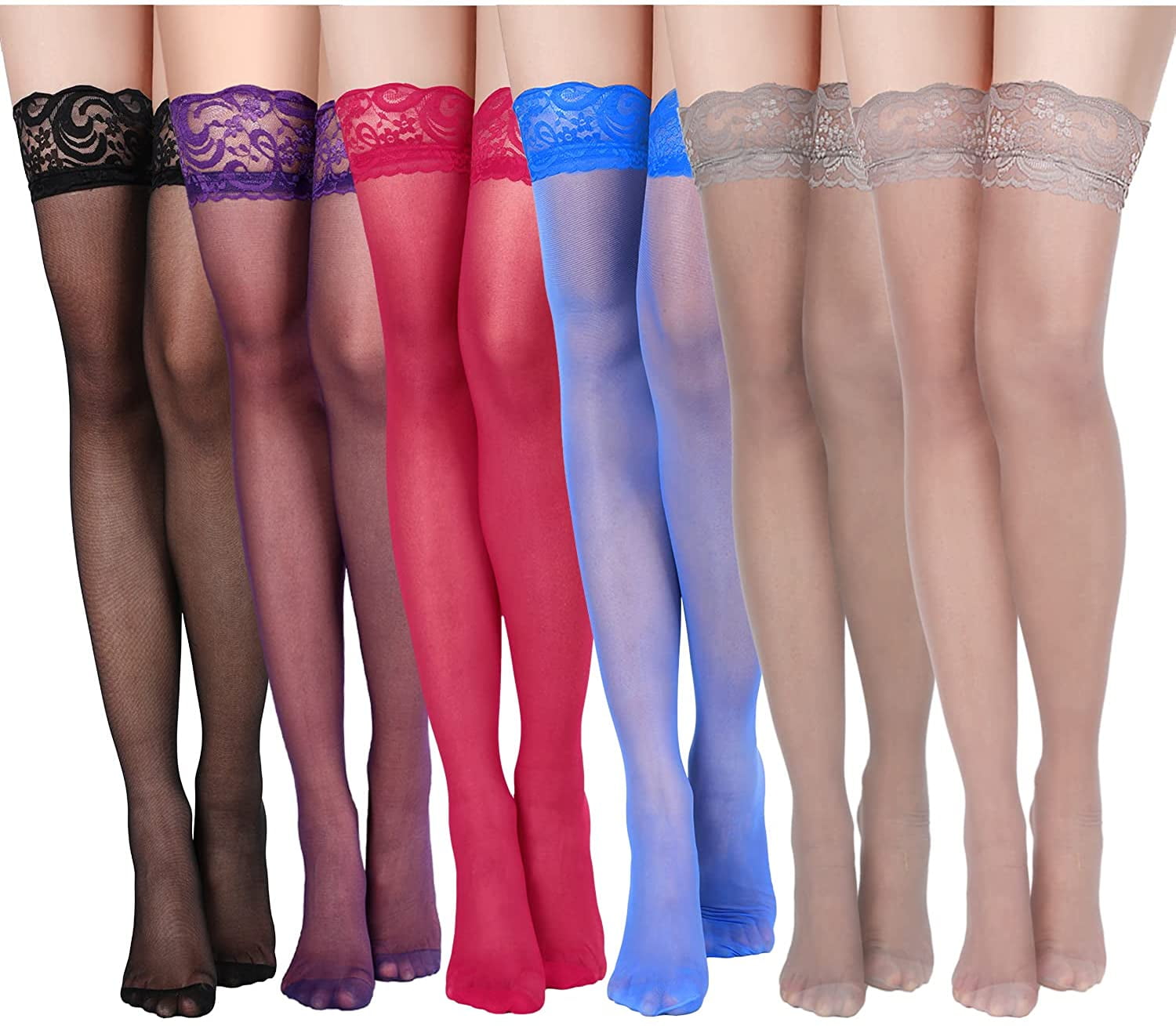 6 Pairs Thigh High Stockings Lace Tights Silky Semi Sheer Stocking