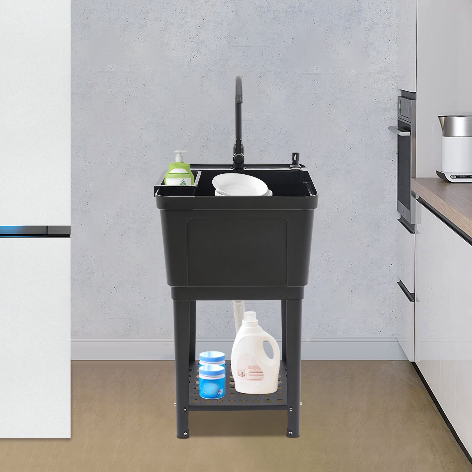 Modern Utility Sink Garage Bathroom Laundry Sink W/ Soap Box+Storage Rack+Faucet 50*48*84cm for Laundry, Bathrooms, Sundry Rooms