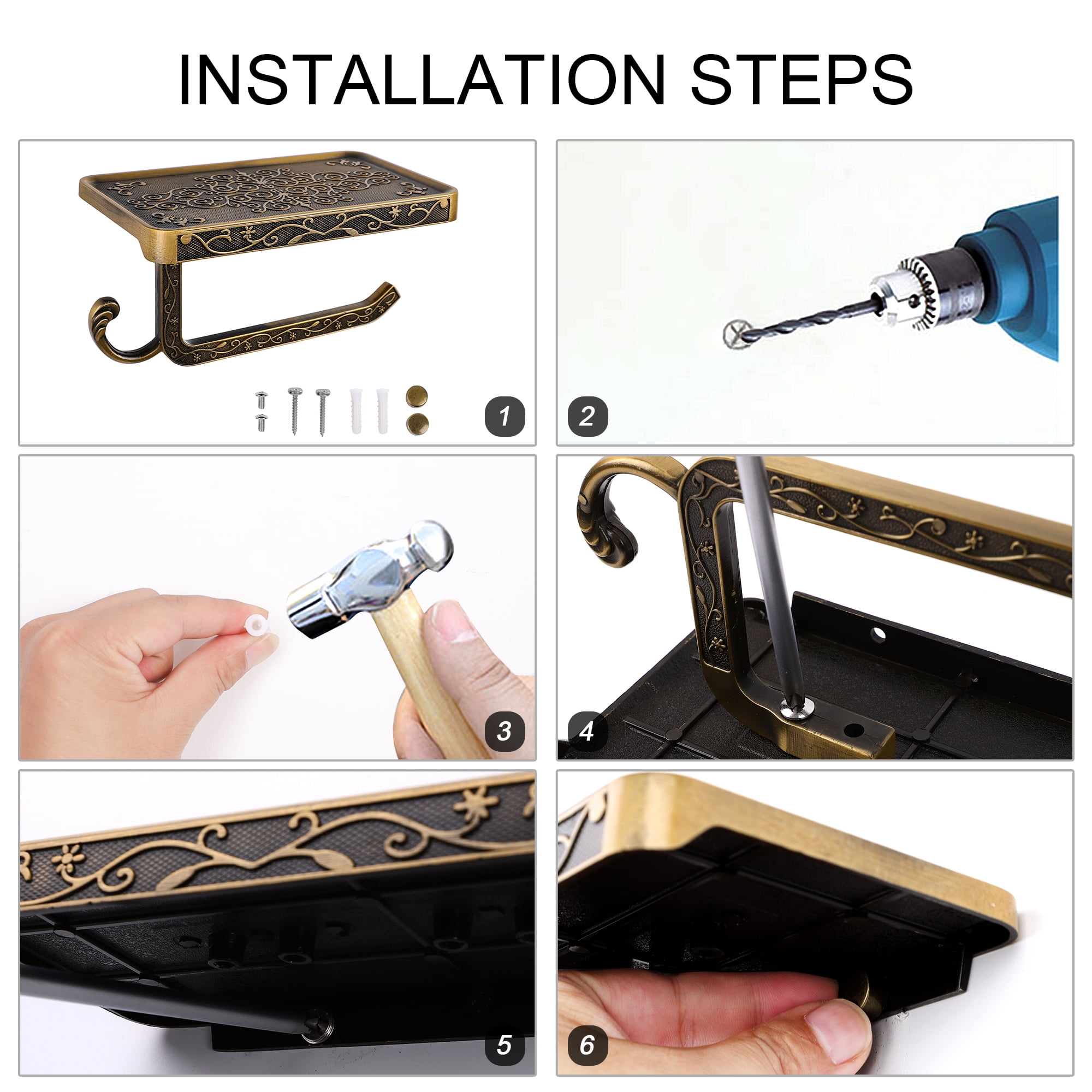 Unique Bargains Toilet Paper Holder with Phone Shelf Aluminum Alloy Holder Copper Tone