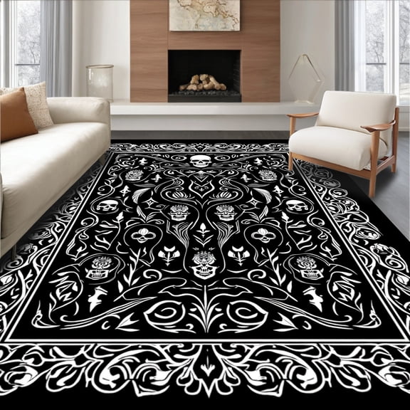 ODIKA 4'x6' Machine Washable Non-Slip Area Rug, Gothic Skull with Ornamental Filigree Accents High Traffic Rug, Black, 297425