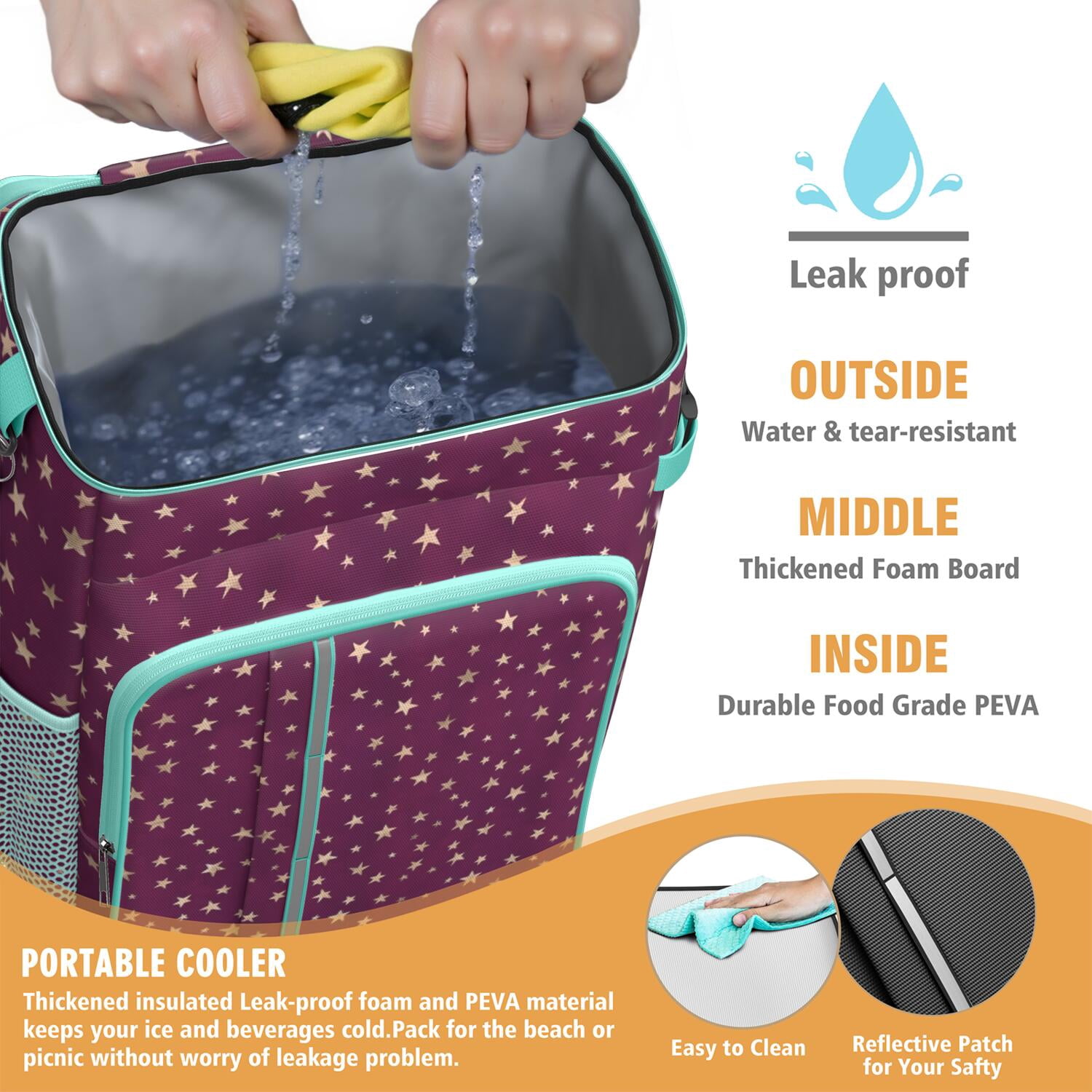 Travel Cooler Bag - Purple Christmas Star Pattern Camping Beer Cooler Backpack with Bottle Opener- Waterproof Insulated Picnic Backpacks - Cooler Bag for Beach