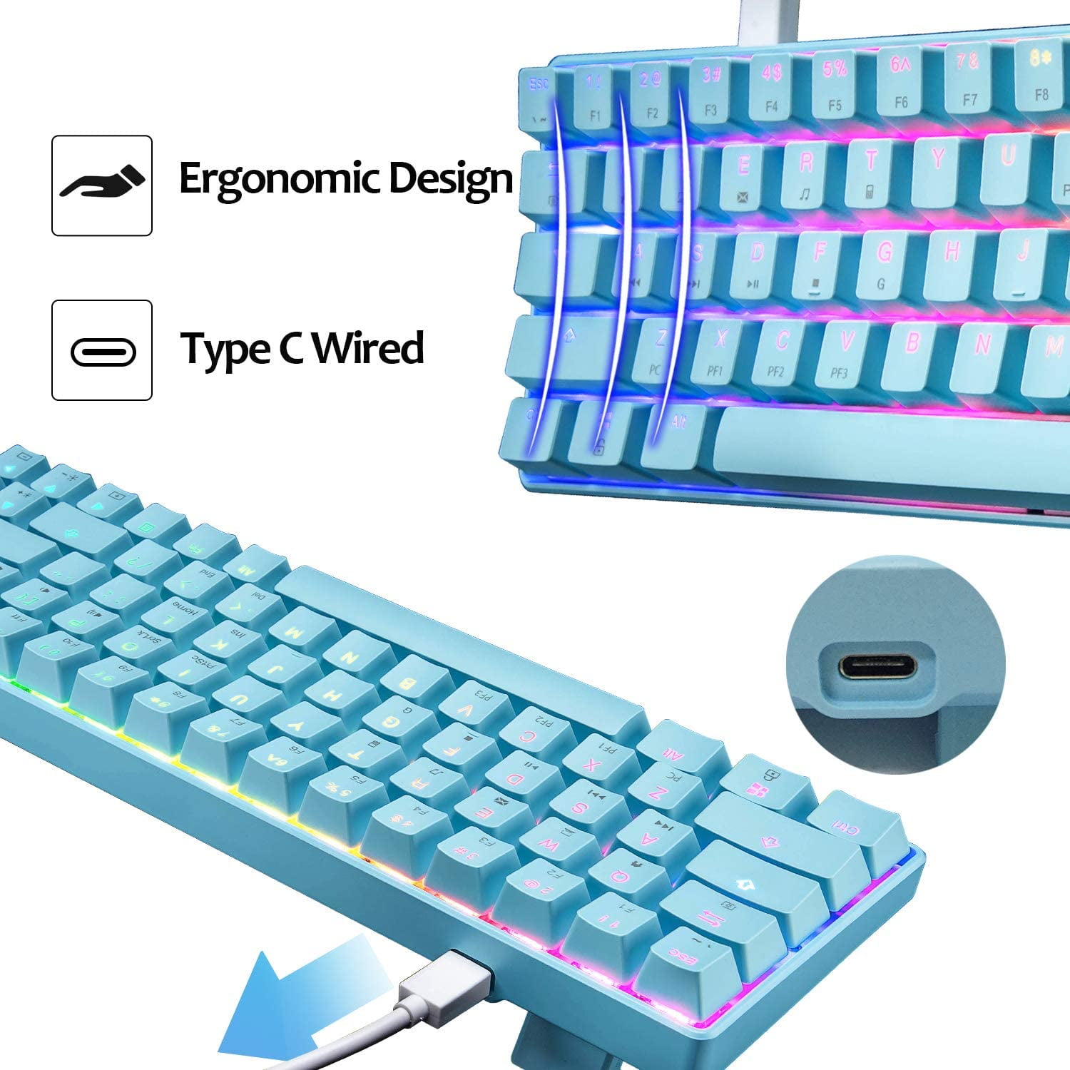 60% Mechanical Gaming Keyboard Blue Switch Mini 68 Keys Wired Type C Chroma RGB 18 Backlit Effects,Lightweight Gaming Mosue 6400DPI Honeycomb Optical,Gaming Mouse Pad for Gamers and Typists(Blue)