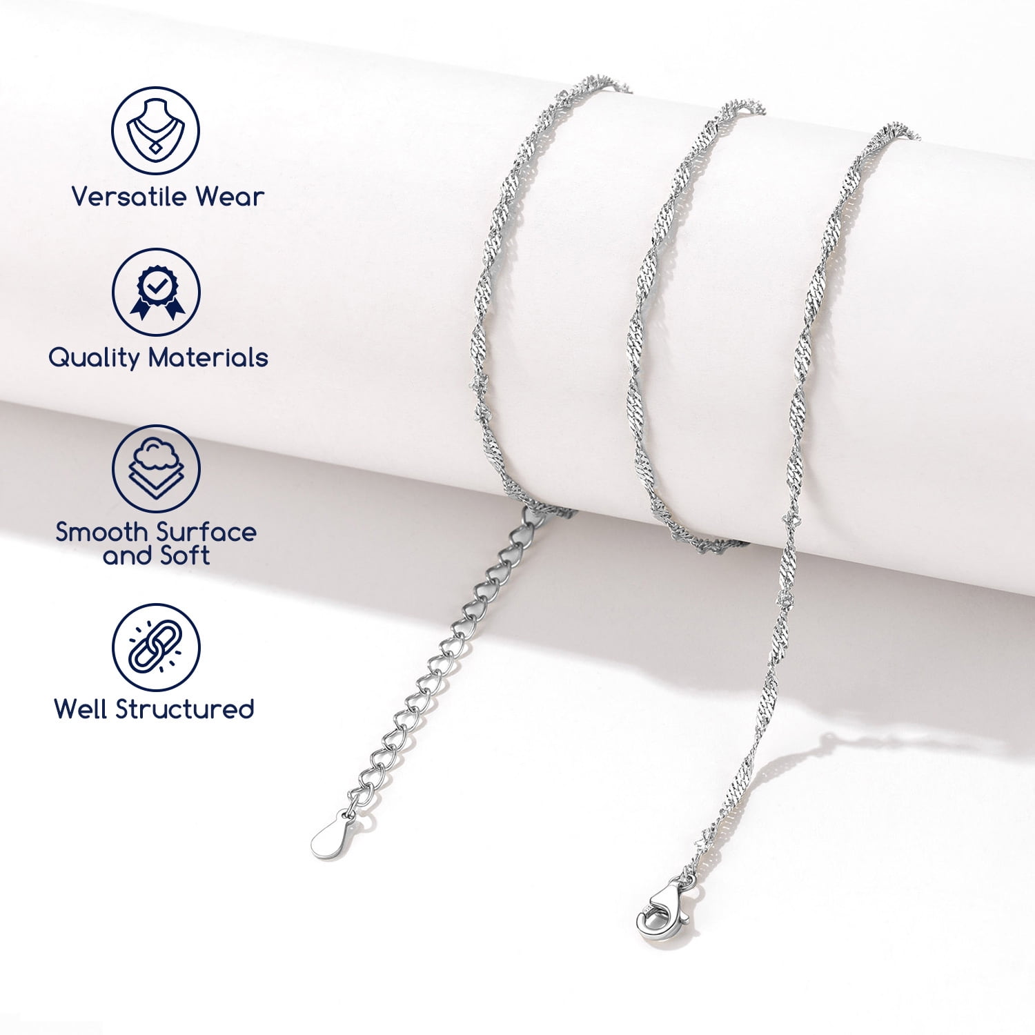 Suplight 925 Sterling Silver Women Necklace Waterwave Chain for Women 2mm 18"22" Slim Chain Jewelry Gift