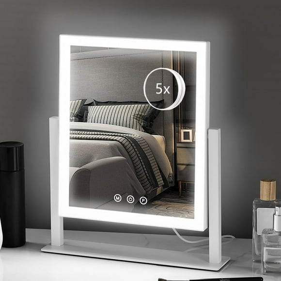 HIEEY Lighted Makeup Mirror, Hollywood Vanity Mirror with Lights, Three Color Lighting Modes, and 5X Magnification Mirror, Smart Touch Control, 360°Rotation (14.1in,White,Gift Box)