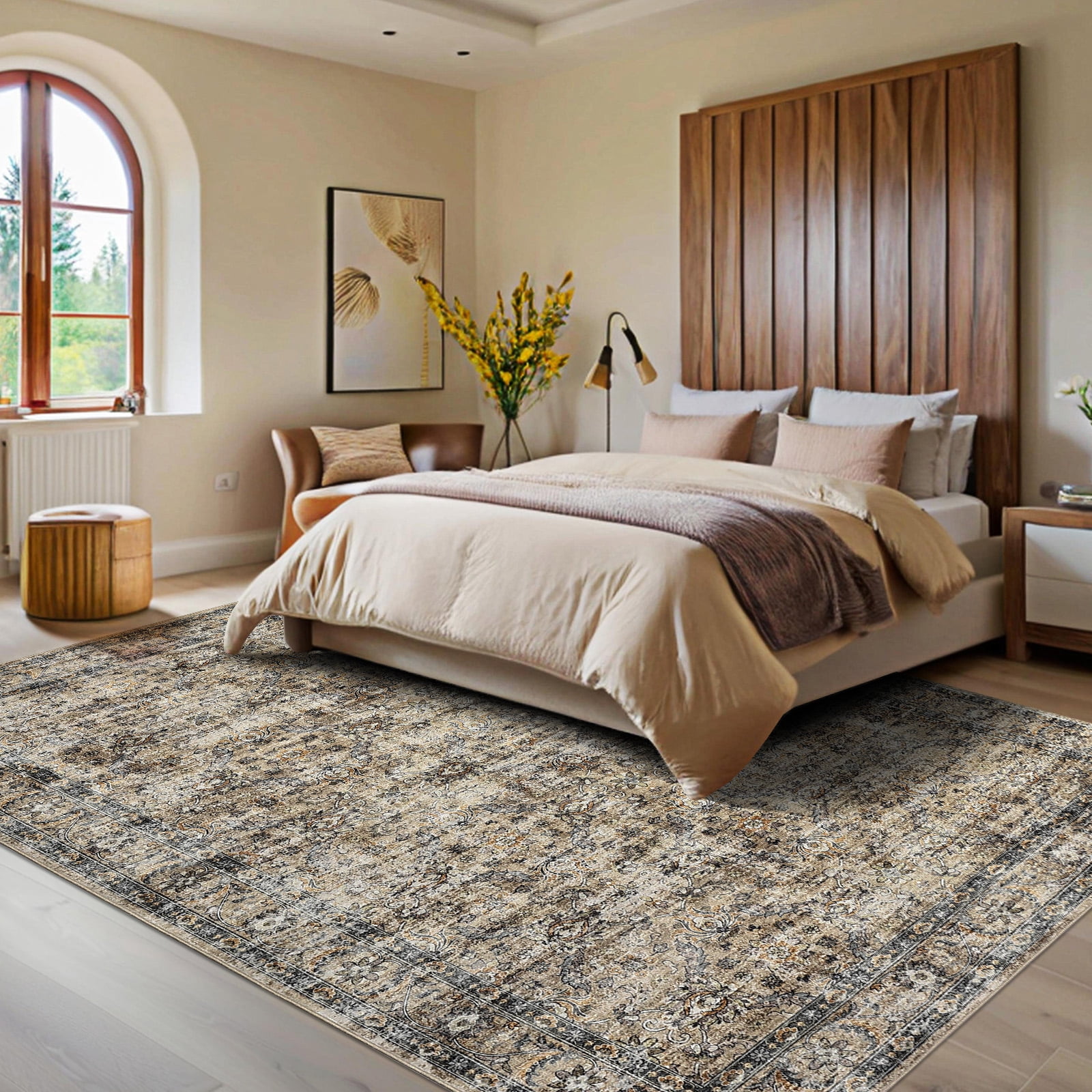Haperlare 9'x12' Vintage Floral Area Rug Soft Oriental Carpet, Washable Rug Non Slip TPR Backing Low Pile Rugs for Living Room Bedroom Home Office, Brown