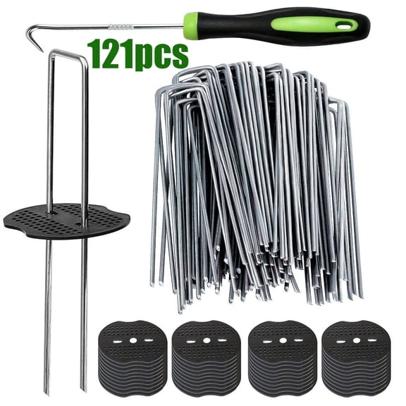 121 Pcs Heavy-Duty U-Shaped Ground Nail Set - Galvanized Steel Garden Stakes with Black Washers & Nail Puller, Anti-Rust Kit for Lawn, Tents, Netting & Water Tubes