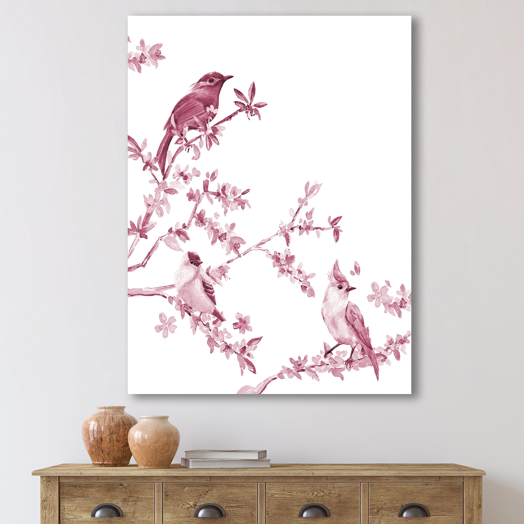 Designart ' Beautiful Pink Birds Sitting On Flowering Branches ' Traditional Canvas Wall Art Print
