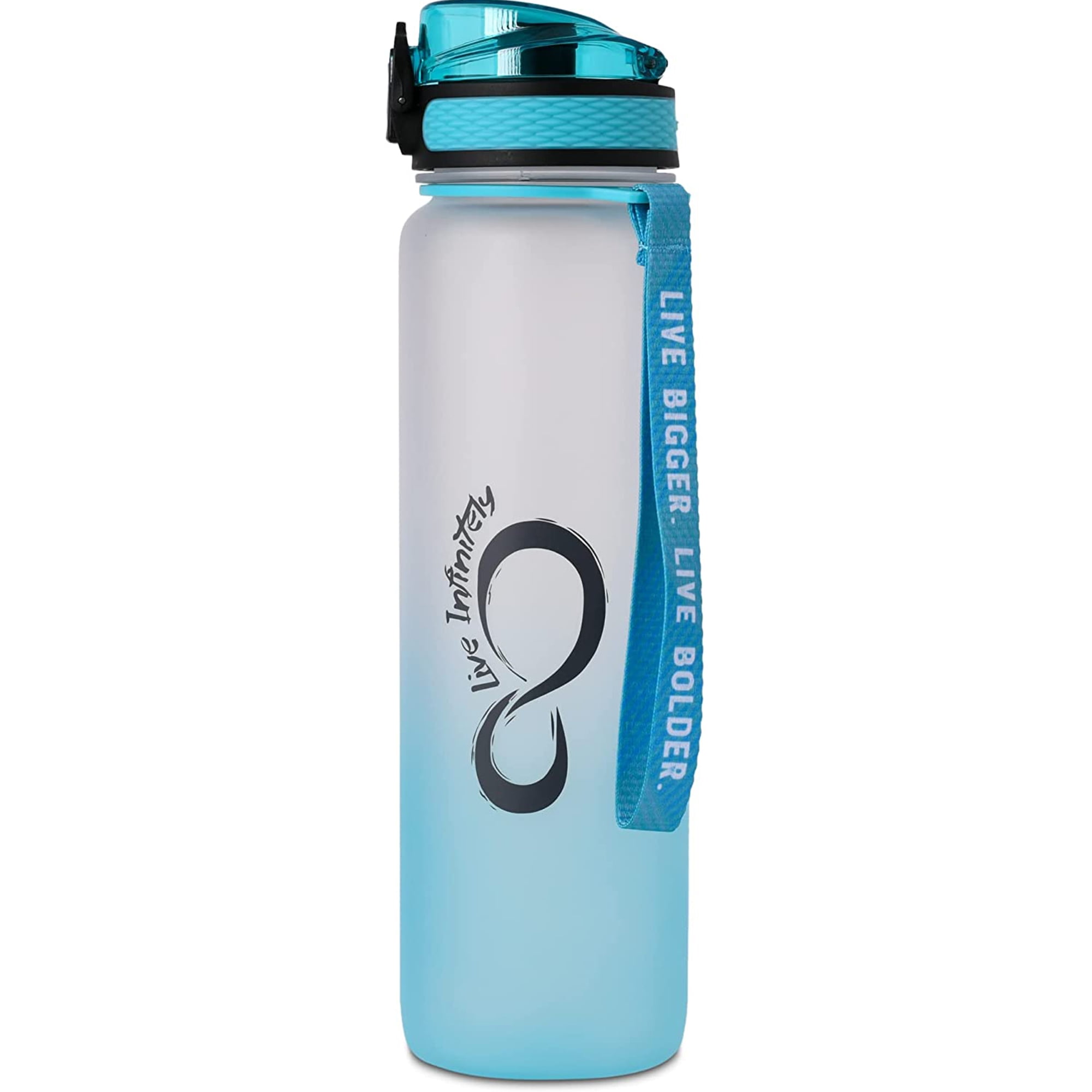 Live Infinitely 34 oz BPA Free Water Bottle with Time Marker, Fruit Infuser Screen & Shaker Blending Ball - Locking Flip Top Lid, Mint