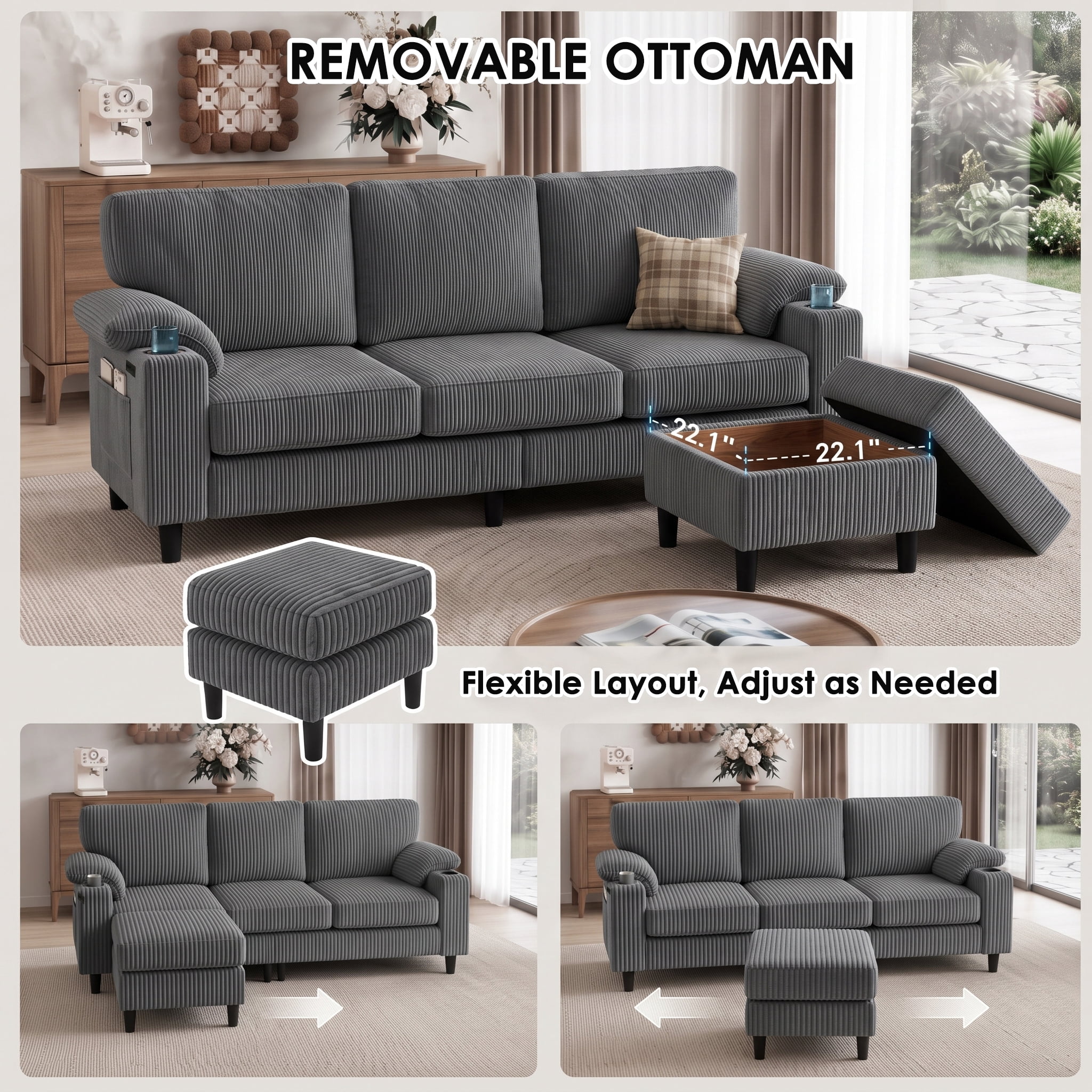 Anpport 80" L‑Shaped Corduroy Sectional Sofa, 3‑Seater Couch with Storage Ottoman, USB Port & Cup Holders for Small Spaces, Dark Gray