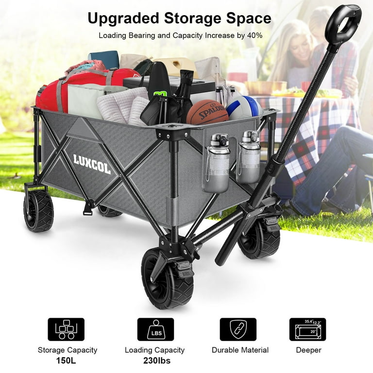LUXCOL Heavy Duty Collapsible Folding Wagon Cart - 230 Lb Capacity, Big All-Terrain Wheels For Beach, Camping, Shopping