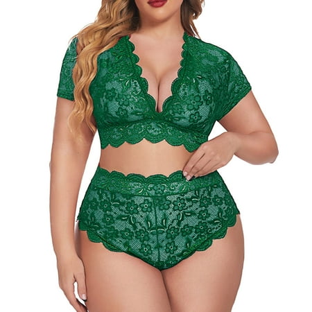 

Cathalem Bargain Finds Plus Size Lingerie Set for Women Halter Choker Strappy Bra and Panty 2 Lace Underwear Set plus Size Underwear Green 4X-Large