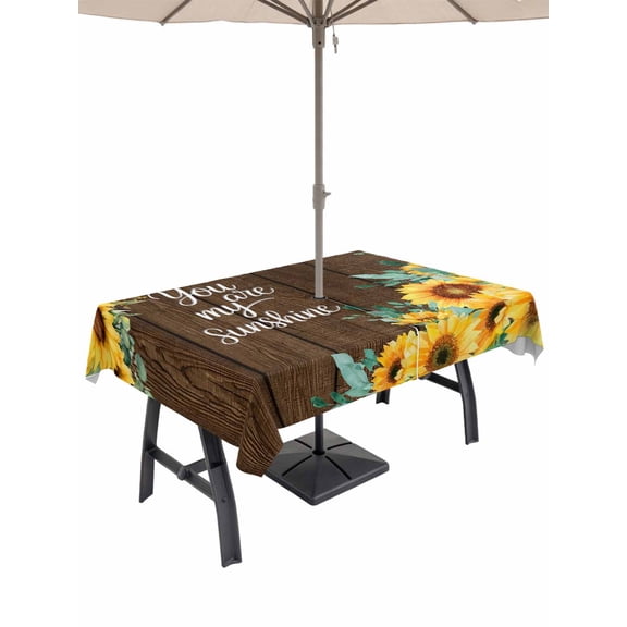 Outdoor Tablecloth with Umbrella Hole for Patio/Picnic/Party/Camping, Sunflower Waterproof Table Cloth Rectangle Table Cover Washable, Summer Botanical Yellow Floral Brown Wooden (60"x 84")
