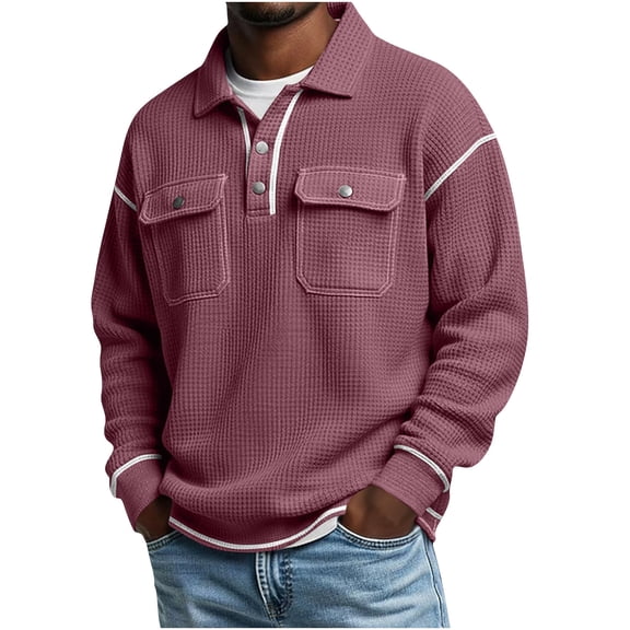 Ceisia Waffle Knit Tops Lightweight Polo Shirts for Men Long Sleeve Two Bottons Collar Sweaters with Flap Pockets Red M Gift