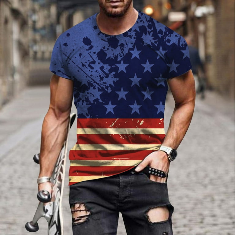 MRULIC mens t shirt Fashion Independence T Neck Day Shirt Top Mens Summer  Digital Casual Sleeve Round 3D Short Printing Men T Shirts Men T Shirts
