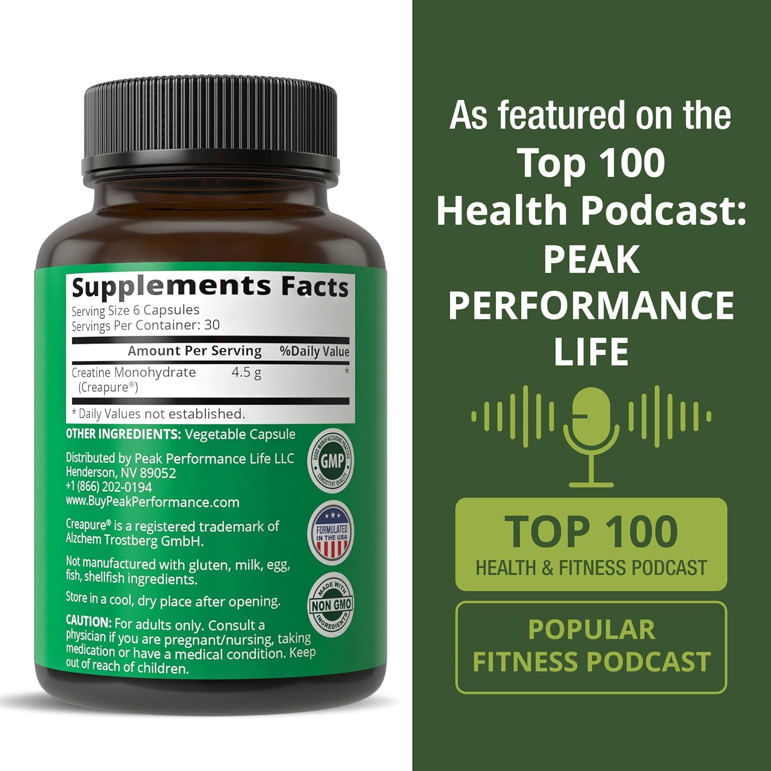 Peak Performance Creapure Creatine Monohydrate, 180 Capsules