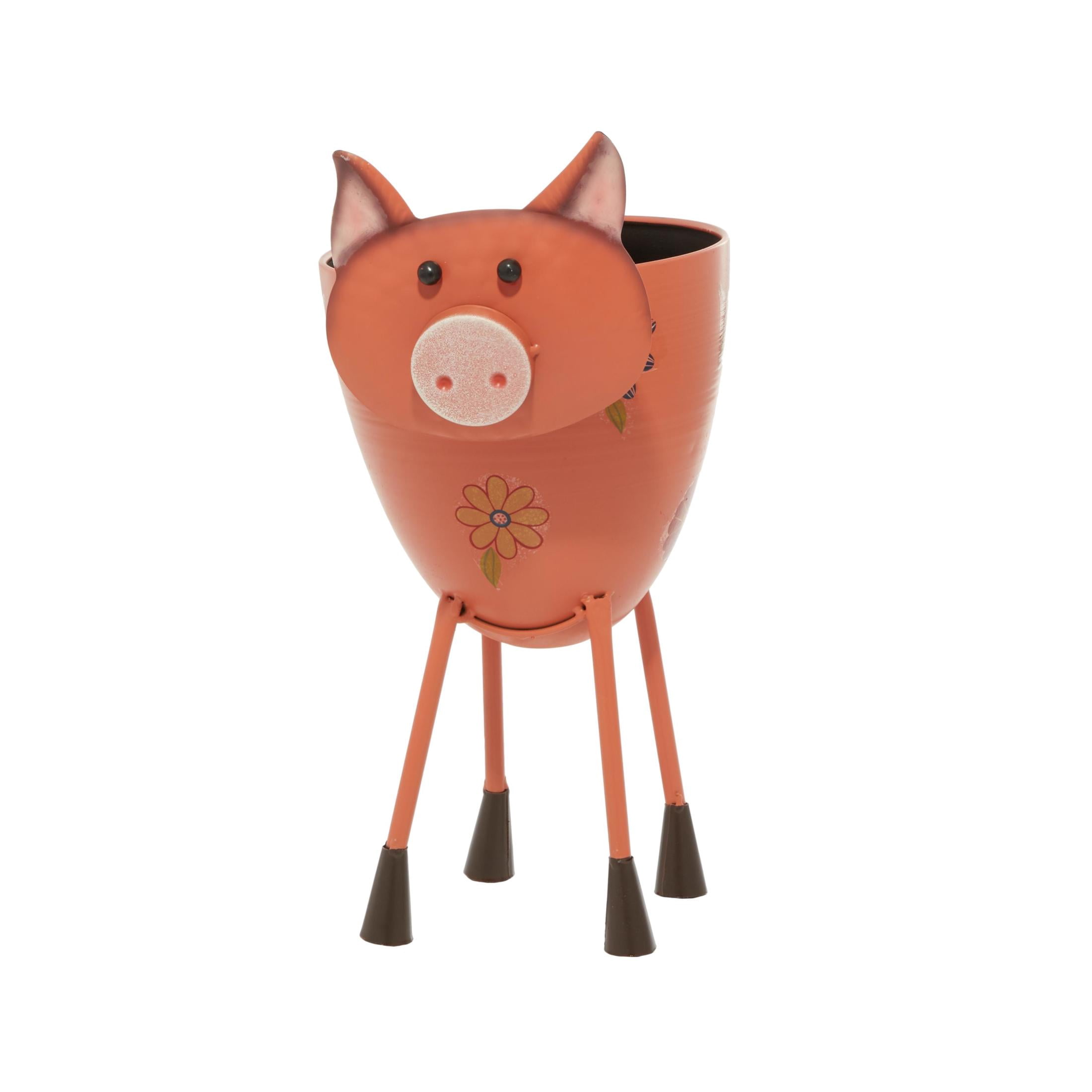 DecMode Pink Metal Pig Indoor Outdoor Planter with Floral Accents, 8" x 14" x 16"