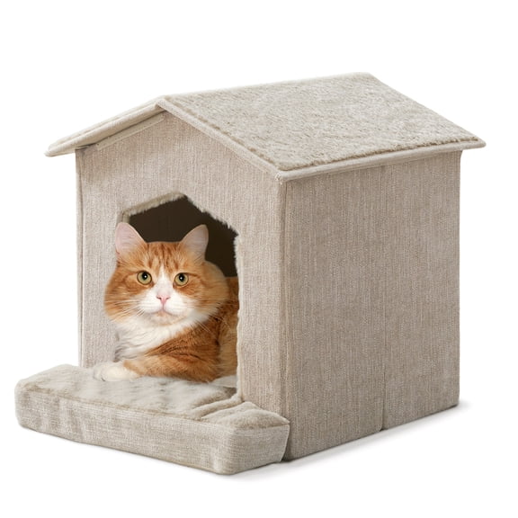WINDRACING Foldable Pet House Bed with Orthopedic Cushion, Portable Cat Cave Hideaway for Indoor Pets & Small Dogs, Beige