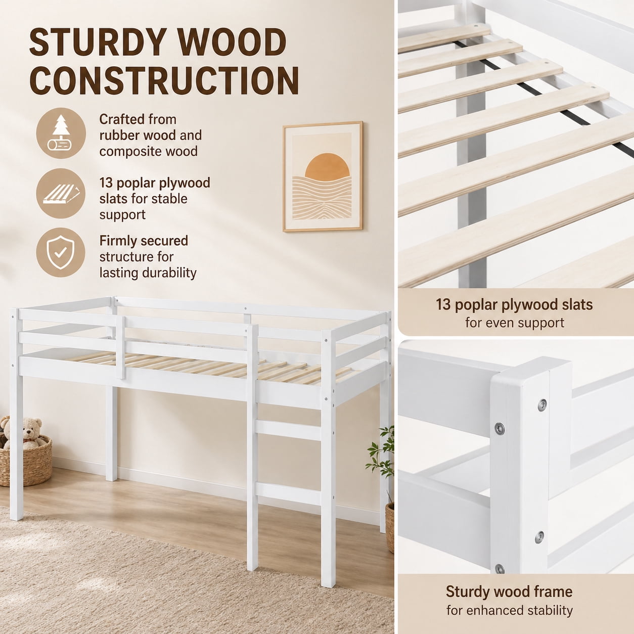 Miniyam Twin Loft Bed for Kids, Solid Wood Frame with Ladder and Guardrails, Space-Saving Design, White