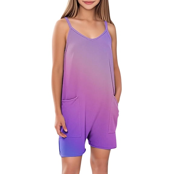 FAHXNVB Girls Cami Romper Sleeveless Gradient Color V-Neck Jumpsuit Short with Pockets One Piece Summer Casual Fashion Clothes 5-14 Years