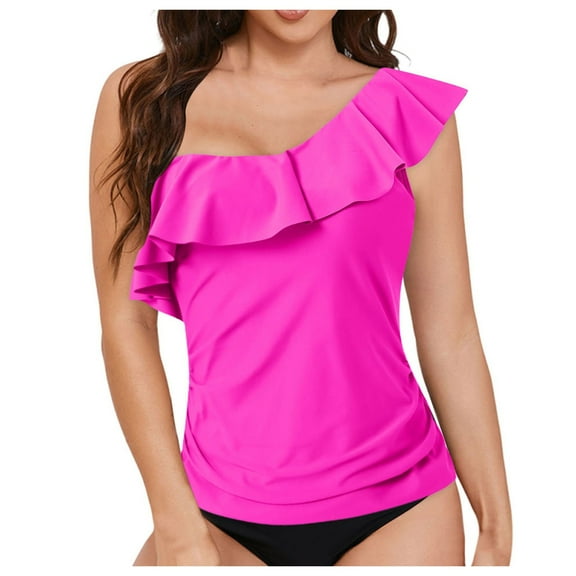 TTUHYWXI Womens One Shoulder Tankini Swim Tops Ruffle Bathing Suit Tops No Bottoms (Hot Pink, XL)