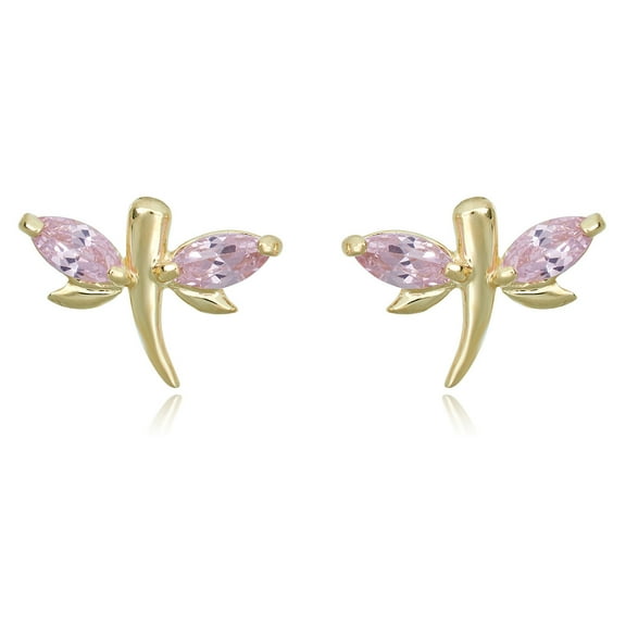 AVORA 10K Yellow Gold Dragonfly Pink Marquis Simulated Diamond CZ Stud Earrings